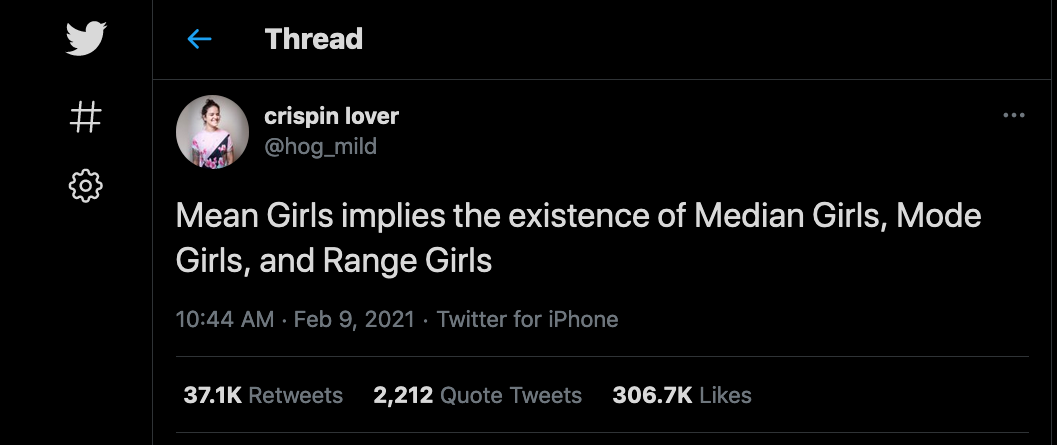 Tweet by crispin lover (@hog_mild). The tweet says, ''Mean girls implies the existence of Median Girls, Mode Girls, and Range Girls.''