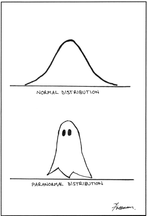An image shows two distributions. The first distribution is a bell curve labeled, ''Normal Distribution.'' The second distrubtion is labeled, ''Paranormal Distribution,'' and it shows a ghost drawing.
