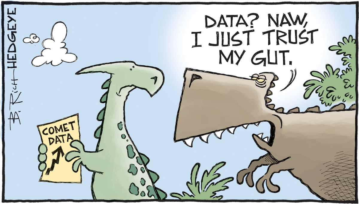 A single-panel cartoon where one dinosaur holds a pice of paper titled ''Comet Data'' with a red arrow pointing up. The second diansor looks at the graph and responds, ''Data? Naw, I just trust my gut.''